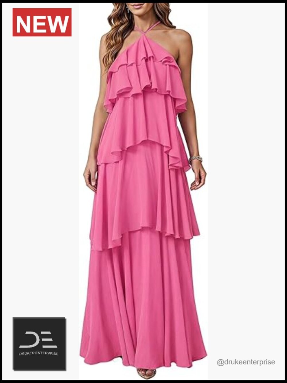 Ruffle Layered Halter Backless Maxi Dress Sleeveless Flowy Formal Wedding Guest